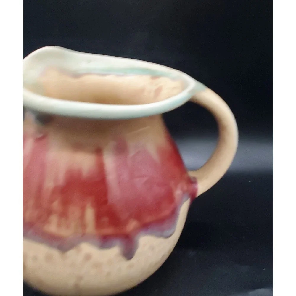 Handmade D. Lessar Studio Art Pottery‎ Red Tulip Pitcher Handmade Drip Glaze 7